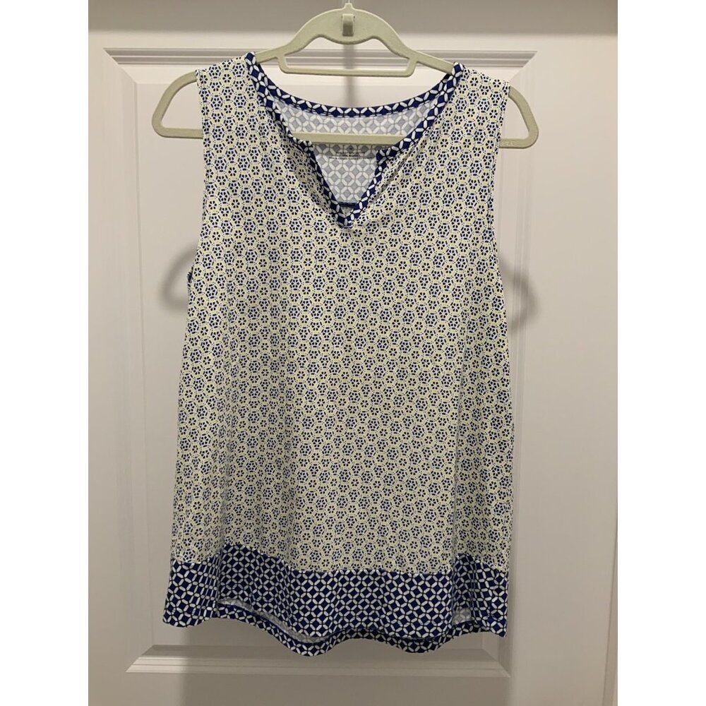 Talbots Top Medium Printed Sleeveless White Yellow Blue V-Notch Size Medium